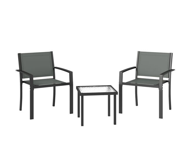 Outsunny conjunto de mesa y sillas de terraza exterior 3 piezas, muebles de jardín exterior con 2 sillas anchas de textilene, mesa de vidrio templado, para patio, balcón, gris claro