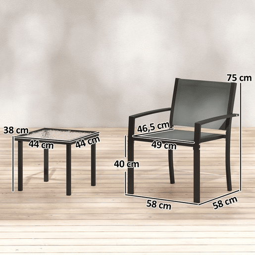 Outsunny Conjunto de Mesa e Cadeiras de Terraço com 3 Peças Móveis de Jardim com 2 Cadeiras de Textilene e Mesa de Vidro Temperado para Pátio Varanda Cinzento Claro