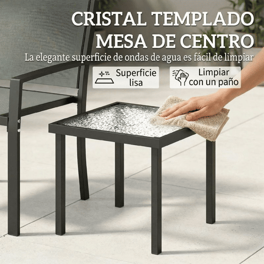 Outsunny Conjunto de Mesa e Cadeiras de Terraço com 3 Peças Móveis de Jardim com 2 Cadeiras de Textilene e Mesa de Vidro Temperado para Pátio Varanda Cinzento Claro