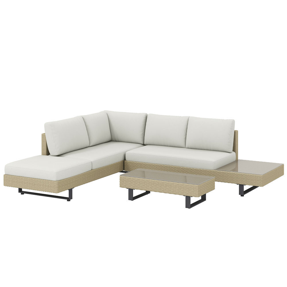 Outsunny conjunto de jardín de ratán de 3 piezas, conjunto terraza resistente, muebles jardín exterior incluye cojines, sofá de 3 plazas, sofá de 2 plazas con mesa lateral, mesa centro de vidrio beige