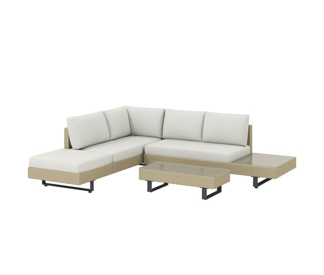 Outsunny conjunto de jardín de ratán de 3 piezas, conjunto terraza resistente, muebles jardín exterior incluye cojines, sofá de 3 plazas, sofá de 2 plazas con mesa lateral, mesa centro de vidrio beige