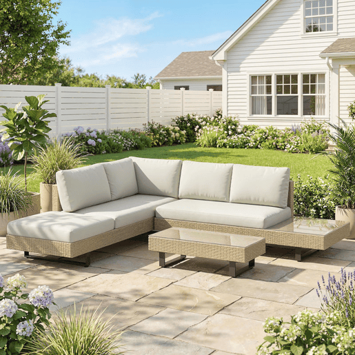 Outsunny Conjunto de Jardim em Rattan de 3 Peças Conjunto Resistente para Terraço Móveis de Jardim Exterior com Almofadas Sofá de 3 Lugares Sofá de 2 Lugares com Mesa Lateral e Mesa de Centro em Vidro Bege