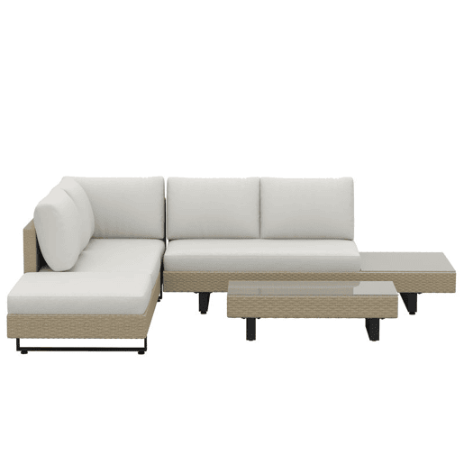 Outsunny Conjunto de Jardim em Rattan de 3 Peças Conjunto Resistente para Terraço Móveis de Jardim Exterior com Almofadas Sofá de 3 Lugares Sofá de 2 Lugares com Mesa Lateral e Mesa de Centro em Vidro Bege