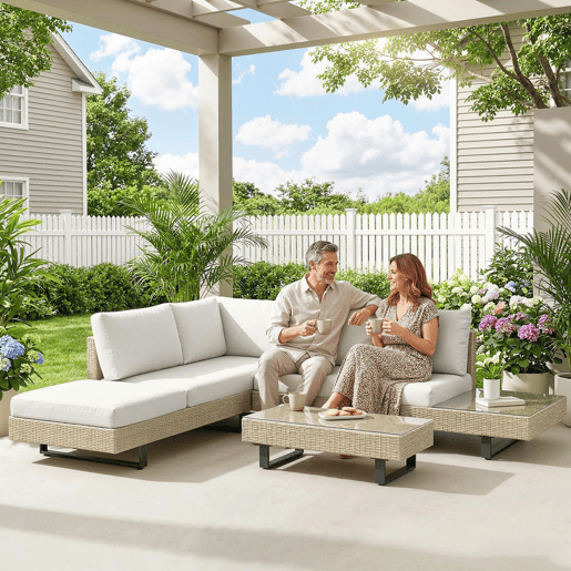 Outsunny Conjunto de Jardim em Rattan de 3 Peças Conjunto Resistente para Terraço Móveis de Jardim Exterior com Almofadas Sofá de 3 Lugares Sofá de 2 Lugares com Mesa Lateral e Mesa de Centro em Vidro Bege