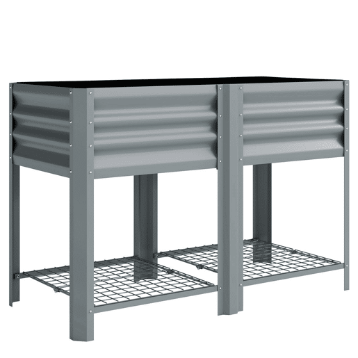 Outsunny Horta Elevada com Prateleira Inferior Mesa de Cultivo em Metal Galvanizado com Forro e Luvas, para Cultivo de Plantas e Flores 120x55x80 cm, Cinzento Prateado