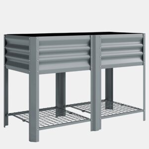 Outsunny Horta Elevada com Prateleira Inferior Mesa de Cultivo em Metal Galvanizado com Forro e Luvas, para Cultivo de Plantas e Flores 120x55x80 cm, Cinzento Prateado