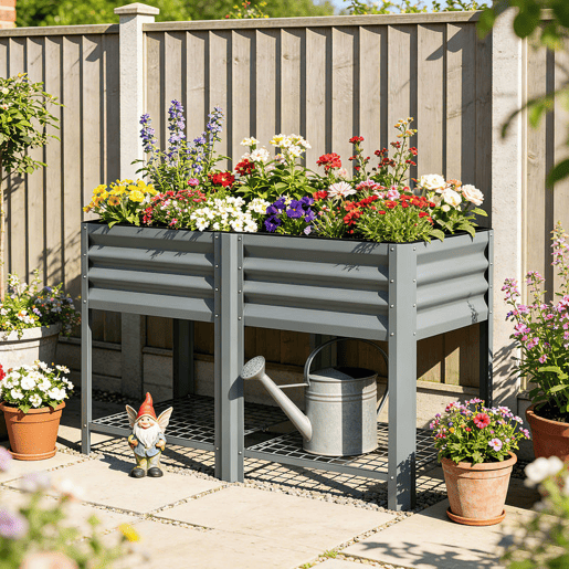 Outsunny Horta Elevada com Prateleira Inferior Mesa de Cultivo em Metal Galvanizado com Forro e Luvas, para Cultivo de Plantas e Flores 120x55x80 cm, Cinzento Prateado