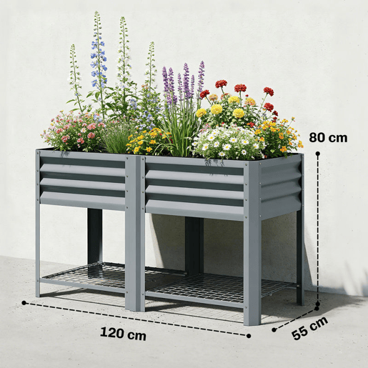 Outsunny Horta Elevada com Prateleira Inferior Mesa de Cultivo em Metal Galvanizado com Forro e Luvas, para Cultivo de Plantas e Flores 120x55x80 cm, Cinzento Prateado