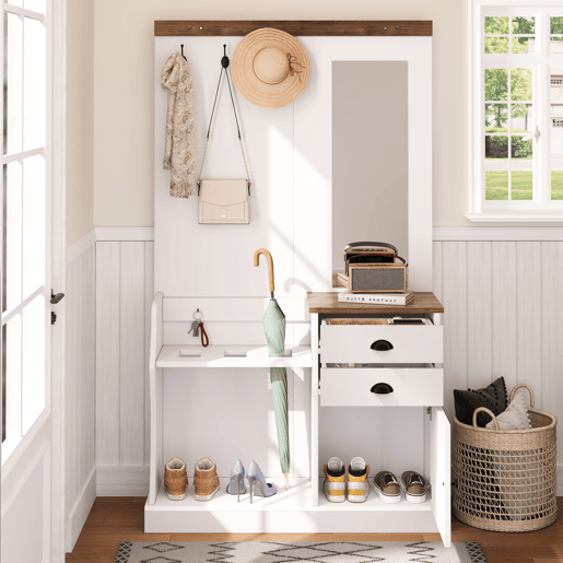 Móvel de entrada 110x38x191 cm - com espelho, ganchos, gavetas e suporte para guarda-chuvas - Branco