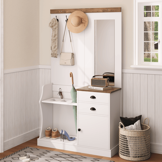 Móvel de entrada 110x38x191 cm - com espelho, ganchos, gavetas e suporte para guarda-chuvas - Branco
