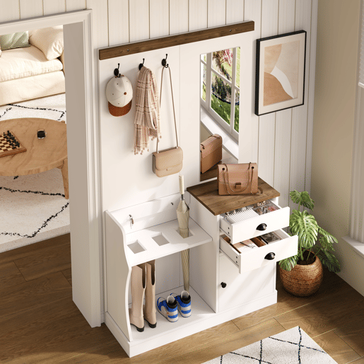 Móvel de entrada 110x38x191 cm - com espelho, ganchos, gavetas e suporte para guarda-chuvas - Branco