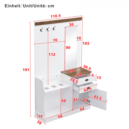 Móvel de entrada 110x38x191 cm - com espelho, ganchos, gavetas e suporte para guarda-chuvas - Branco