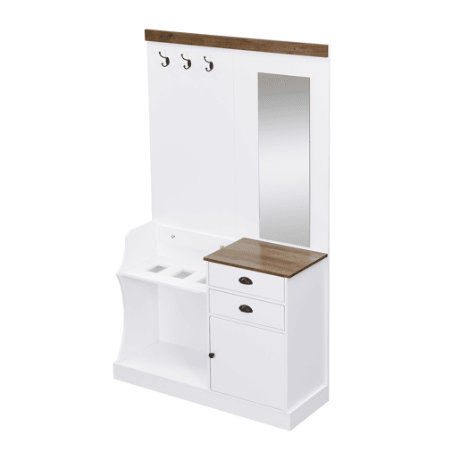 Móvel de entrada 110x38x191 cm - com espelho, ganchos, gavetas e suporte para guarda-chuvas - Branco