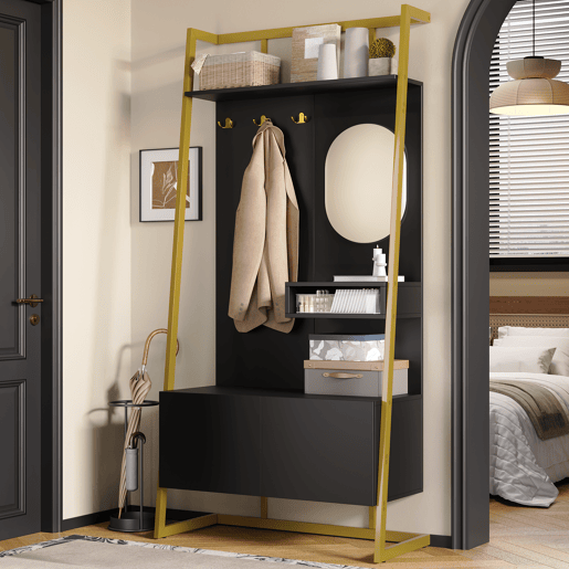 Móvel de entrada 78x38,5x180,5 cm - Guarda-roupa com espelho, cabides metálicos, banco e sapateira - Preto