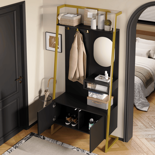 Móvel de entrada 78x38,5x180,5 cm - Guarda-roupa com espelho, cabides metálicos, banco e sapateira - Preto
