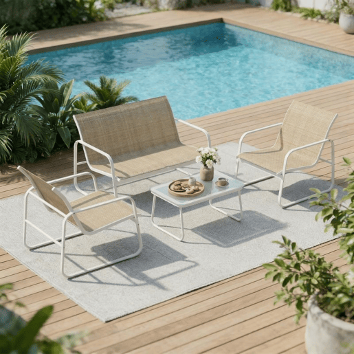 Outsunny Conjunto Jardim de 4 Peças Móveis Exterior com Sofá de 2 Lugares 2 Poltronas Mesa de Vidro Temperado Tecido Textilene Respirável Estrutura de Aço Caqui