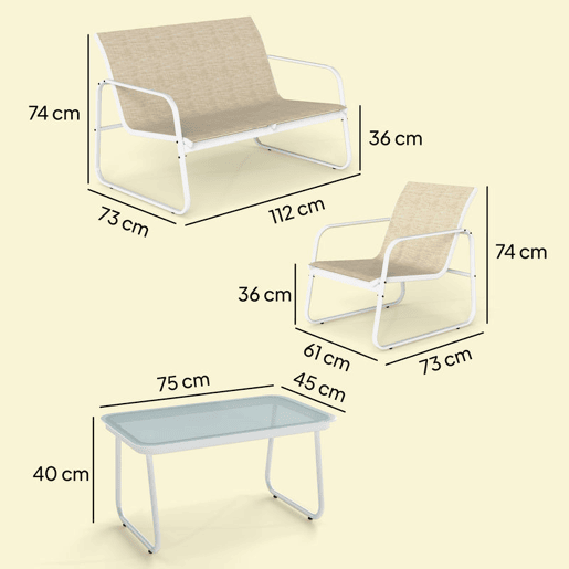Outsunny Conjunto Jardim de 4 Peças Móveis Exterior com Sofá de 2 Lugares 2 Poltronas Mesa de Vidro Temperado Tecido Textilene Respirável Estrutura de Aço Caqui