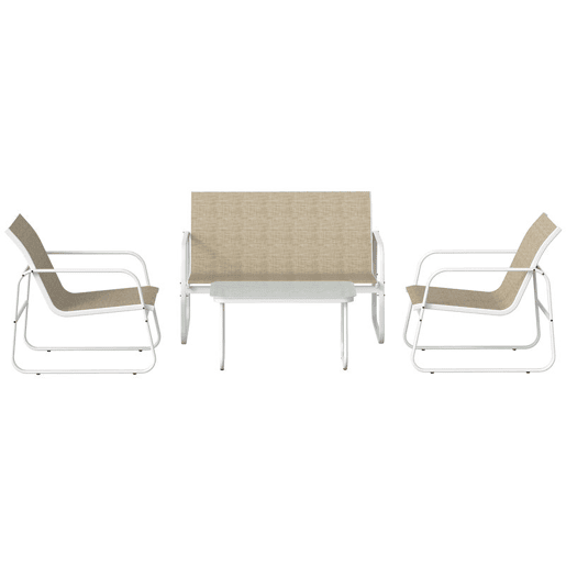 Outsunny Conjunto Jardim de 4 Peças Móveis Exterior com Sofá de 2 Lugares 2 Poltronas Mesa de Vidro Temperado Tecido Textilene Respirável Estrutura de Aço Caqui