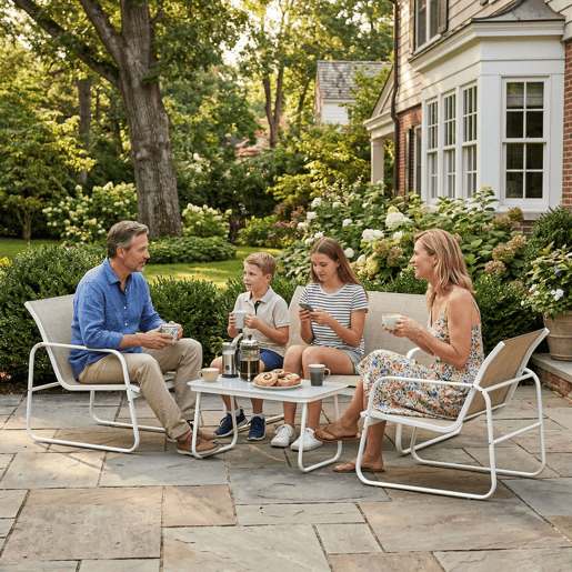 Outsunny Conjunto Jardim de 4 Peças Móveis Exterior com Sofá de 2 Lugares 2 Poltronas Mesa de Vidro Temperado Tecido Textilene Respirável Estrutura de Aço Caqui