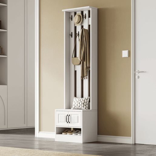 Móvel de entrada 50x36x190 cm - Com 2 portas, painel traseiro e 8 ganchos - Branco