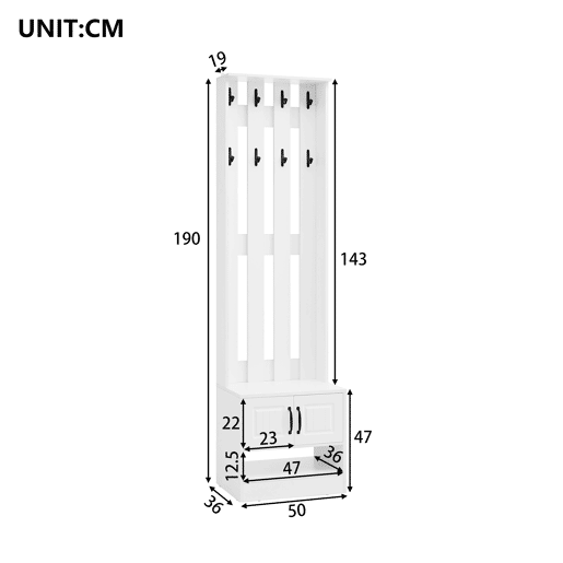 Móvel de entrada 50x36x190 cm - Com 2 portas, painel traseiro e 8 ganchos - Branco