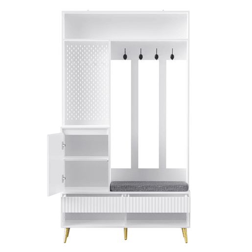 Conjunto de armário de parede 100x35x180 cm - 4 ganchos, 2 gavetas, 1 porta, banco, branco