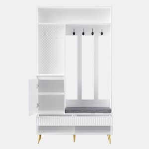 Conjunto de armário de parede 100x35x180 cm - 4 ganchos, 2 gavetas, 1 porta, banco, branco