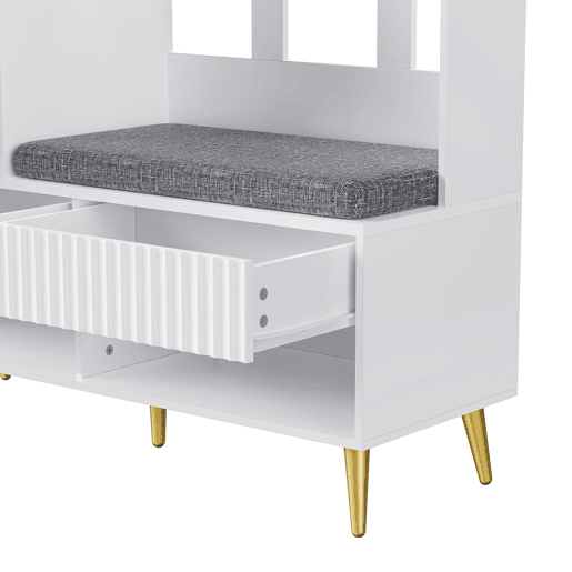 Conjunto de armário de parede 100x35x180 cm - 4 ganchos, 2 gavetas, 1 porta, banco, branco