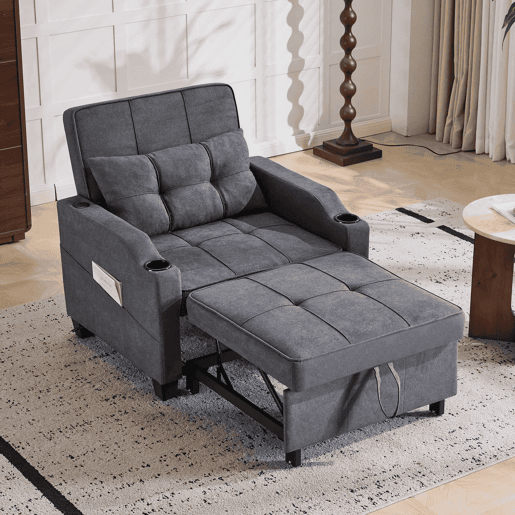 Sofá-cama de 1 lugar - 3 em 1, com porta-copos e porta USB, sofá reclinável e poltrona - Cinza escuro