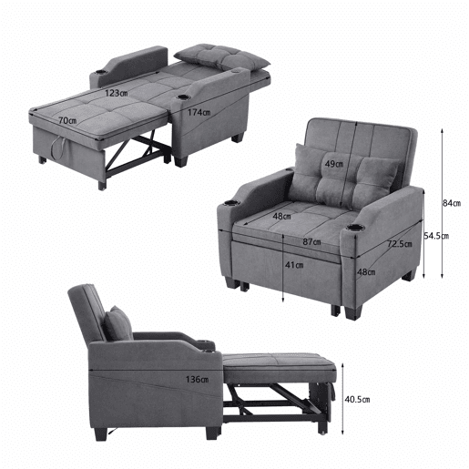 Sofá-cama de 1 lugar - 3 em 1, com porta-copos e porta USB, sofá reclinável e poltrona - Cinza escuro