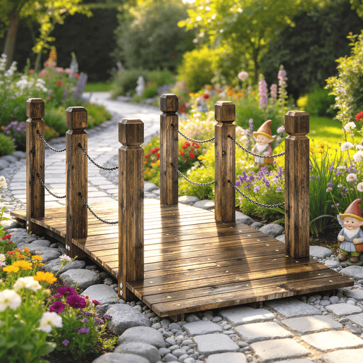 Outsunny Ponte de Jardim de Madeira 1,51 m Ponte Decorativa para Lagos Rústica com Corrimões de Segurança Carga 200 kg Construção Resistente Carbonizada