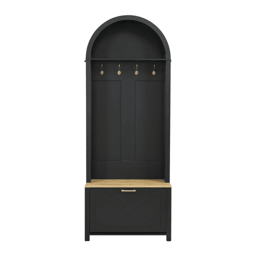 Móvel de entrada 75 L x 35 P x 195 A - Prateleira para sapatos, ganchos, design moderno - Preto, Madeira