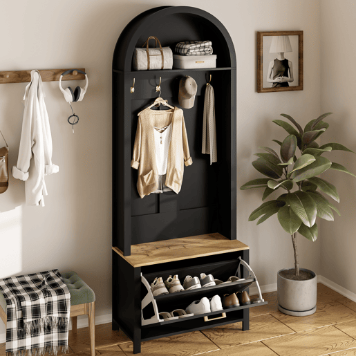 Móvel de entrada 75 L x 35 P x 195 A - Prateleira para sapatos, ganchos, design moderno - Preto, Madeira