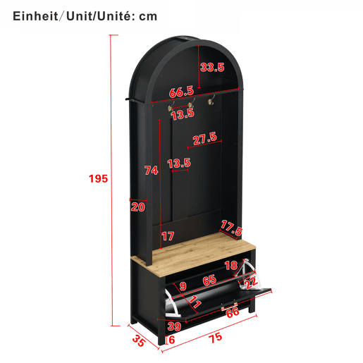 Móvel de entrada 75 L x 35 P x 195 A - Prateleira para sapatos, ganchos, design moderno - Preto, Madeira