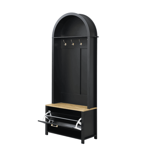 Móvel de entrada 75 L x 35 P x 195 A - Prateleira para sapatos, ganchos, design moderno - Preto, Madeira