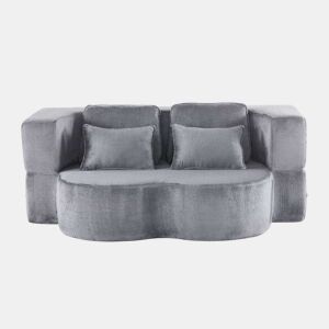 Sofá-cama de chão de 2 lugares - moderno, confortável, com 4 almofadas e colchão de espuma de alta densidade - azul acinzentado