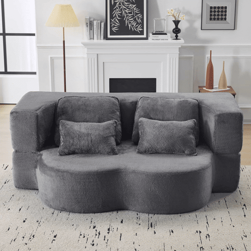 Sofá-cama de chão de 2 lugares - moderno, confortável, com 4 almofadas e colchão de espuma de alta densidade - azul acinzentado