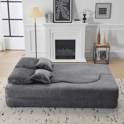 Sofá-cama de chão de 2 lugares - moderno, confortável, com 4 almofadas e colchão de espuma de alta densidade - azul acinzentado