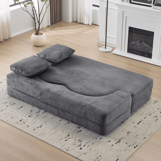 Sofá-cama de chão de 2 lugares - moderno, confortável, com 4 almofadas e colchão de espuma de alta densidade - azul acinzentado