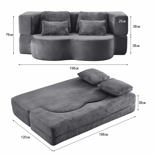 Sofá-cama de chão de 2 lugares - moderno, confortável, com 4 almofadas e colchão de espuma de alta densidade - azul acinzentado
