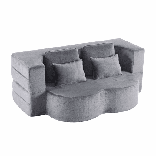 Sofá-cama de chão de 2 lugares - moderno, confortável, com 4 almofadas e colchão de espuma de alta densidade - azul acinzentado