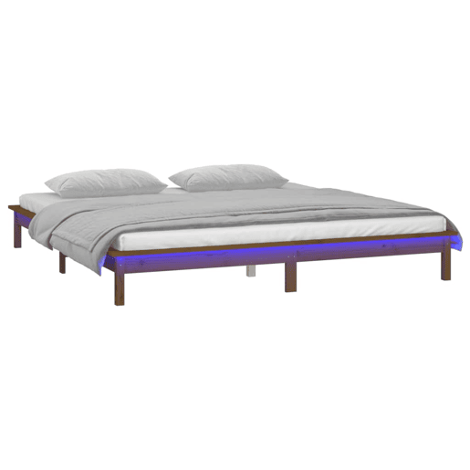 Estrutura De Cama de casal simple De Casal c LEDs - 200x200cm madeira maciça castanho mel
