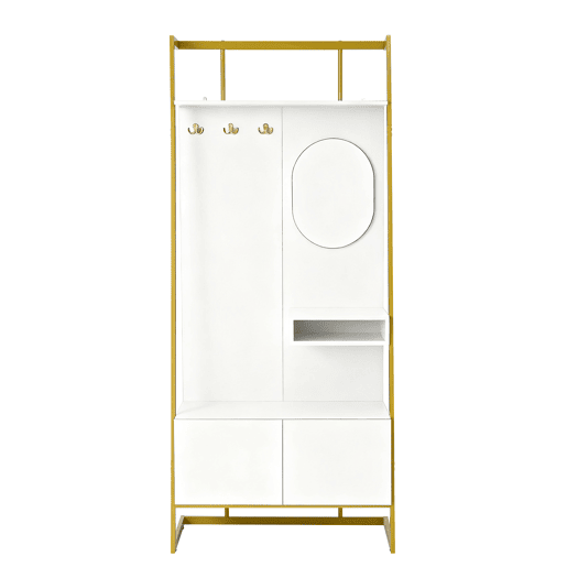 Móvel compacto para hall de entrada 78x38,5x180,5 cm - Com espelho, ganchos metálicos, banco para sapatos - Branco