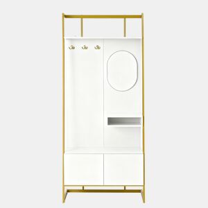 Móvel compacto para hall de entrada 78x38,5x180,5 cm - Com espelho, ganchos metálicos, banco para sapatos - Branco