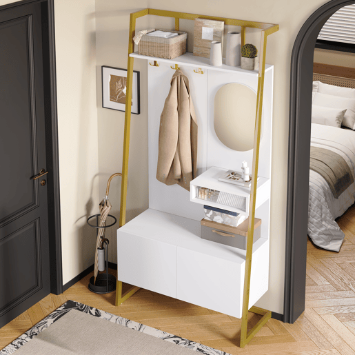 Móvel compacto para hall de entrada 78x38,5x180,5 cm - Com espelho, ganchos metálicos, banco para sapatos - Branco