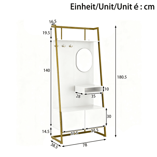 Móvel compacto para hall de entrada 78x38,5x180,5 cm - Com espelho, ganchos metálicos, banco para sapatos - Branco