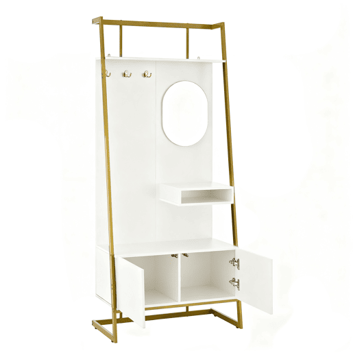 Móvel compacto para hall de entrada 78x38,5x180,5 cm - Com espelho, ganchos metálicos, banco para sapatos - Branco