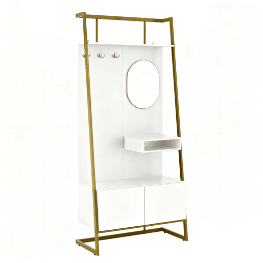 Móvel compacto para hall de entrada 78x38,5x180,5 cm - Com espelho, ganchos metálicos, banco para sapatos - Branco