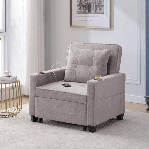 Sofá-cama de 1 lugar - 3 em 1, com porta-copos e porta USB, reclinável e convertível - Cinza