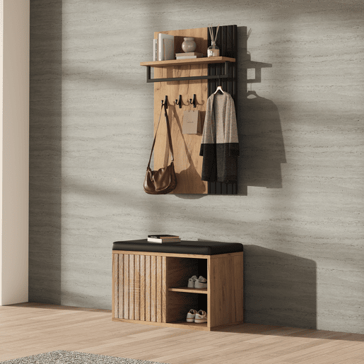 Móvel de entrada 70x36x146 cm - 2 portas, com 3 ganchos - Preto e natural